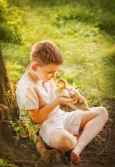 The boy tenderly holds ducks in his hands. A lovely warm summer evening. Sunny day. The kid presses a little duckling to his cheek. Fairy tale. The kid sits near a fabulous tree and holds a duck in hi