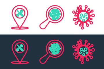 Set line Bacteria, Location service and Microorganisms under magnifier icon. Vector