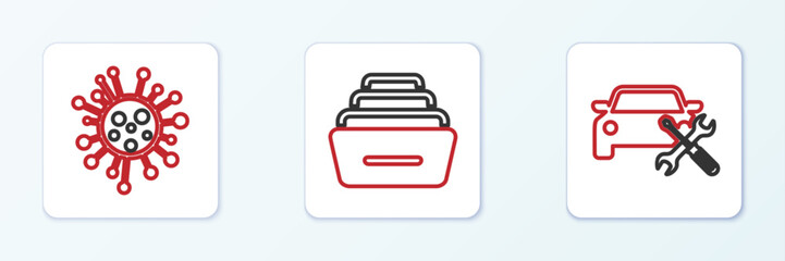 Set line Car service, Bacteria and Drawer with documents icon. Vector