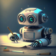 Cute little 3D animated robot writing a letter
