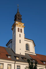 Fototapeta na wymiar Tower of Ursuline Church of the Holy Trinity In Ljubljana, Slovenia