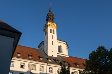 Fototapeta na wymiar Tower of Ursuline Church of the Holy Trinity In Ljubljana, Slovenia