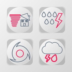 Set line Cloud with rain and lightning, Tornado, Storm and swirl icon. Vector