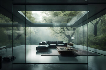 Natural harmony: minimalist living room with glass ceiling and a symbiosis with wild nature, Generative AI