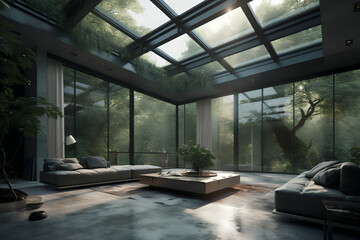 Natural harmony: minimalist living room with glass ceiling and a symbiosis with wild nature, Generative AI