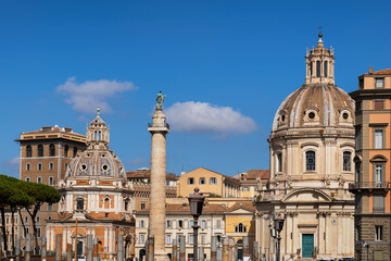 Fototapeta na wymiar Rome Skyline With Churches And Trajan Column