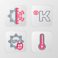 Set line Meteorology thermometer, UV protection, Kelvin and Sun and snowflake icon. Vector