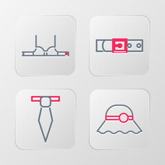 Set line Elegant women hat, Tie, Leather belt and Bra icon. Vector