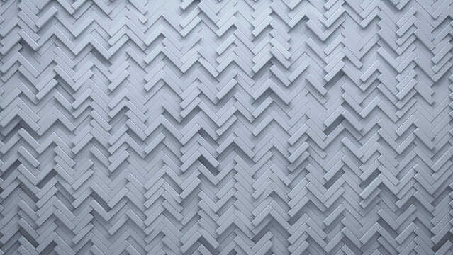 3D Tiles arranged to create a Polished wall. Futuristic, White Background formed from Herringbone blocks. 3D Render