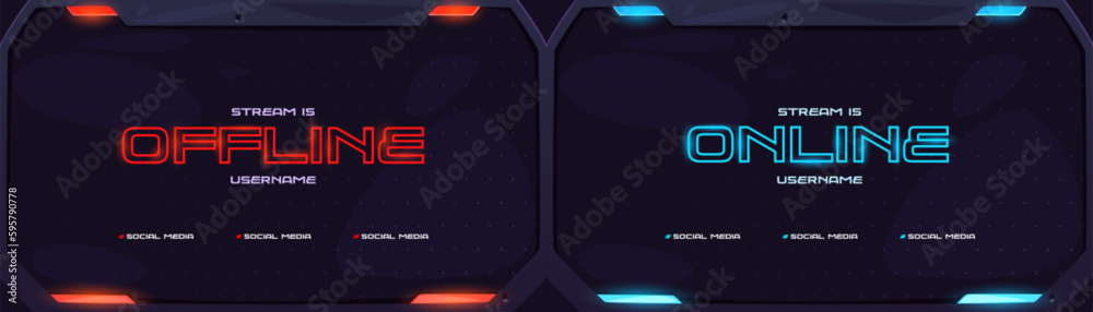 Poster live and offline banner set stream template design. game broadcast media overlay with neon light fra