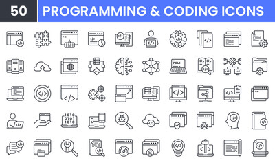 Fototapeta na wymiar Coding and Programming vector line icon set. Contains linear outline icons like Web Development, Code, Website, Cloud, App, Data, Software, Algorithm, Api, Build, Program. Editable use and stroke.
