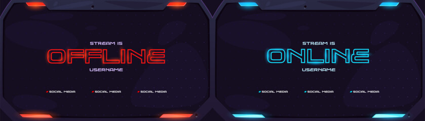 Live and offline banner set stream template design. Game broadcast media overlay with neon light frame. Abstract online cover layout element for streamer. Social media button on channel interface.