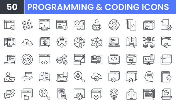 Coding and Programming vector line icon set. Contains linear outline icons like Web Development, Code, Website, Cloud, App, Data, Software, Algorithm, Api, Build, Program. Editable use and stroke.