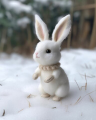 Cute little toy rabbit on white snow. Generative AI illustration