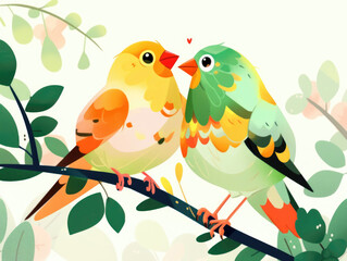 Pair of lovebirds parrots. Generative AI illustration