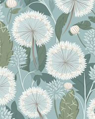 Delicate and soft illustration with dandelions. Generative AI art
