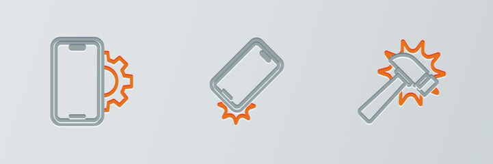 Set line Hammer, Phone repair service and Shockproof phone icon. Vector