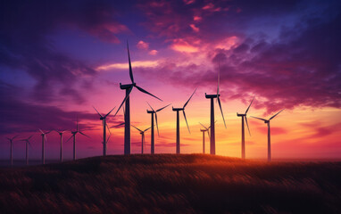 Obraz premium Wind turbine, wind farm, sundown, renewable energy, generative ai