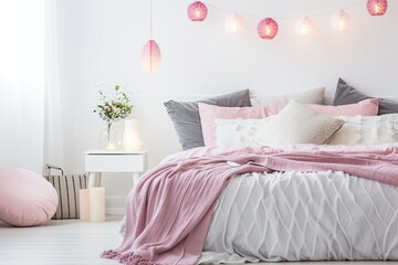cozy bed with pink bedding and pillows. Generative AI