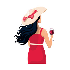 Beautiful woman with a glass of red wine. View from the back. Grape harvest and winemaking. Vector illustration isolated on white background.