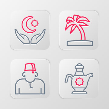 Set line Islamic teapot, Muslim man, Tropical palm tree and Star and crescent icon. Vector