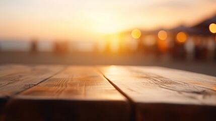 Empty wooden tabletop in a beachside cafe, beach sunset bokeh background. Generative AI.