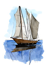 Watercolor painting of a classic sailboat illustration in the sea. minimalist art in soft pastel colors. suitable for illustration fantasy storybooks. generative AI.