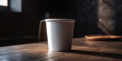 Close up of a paper coffee cup. White paper cup without inscription. Mockup for brand template. Realistic white disposable paper cup for various drinks, fresh juice, coffee, tea. Generative AI