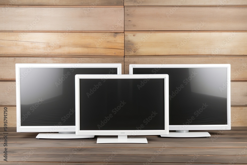 Wall mural wooden table with three computer monitors on top. generative ai