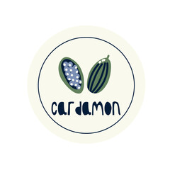 Hand Drawn circle illustrated label spice herb cardamon. Flat vector nature botanical graphic design packaging sticker