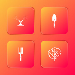 Set Automatic irrigation sprinklers, Garden trowel spade or shovel, fork and Tree icon. Vector