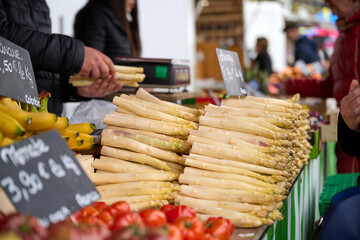 Fresh white asparagus on outdoors market in France