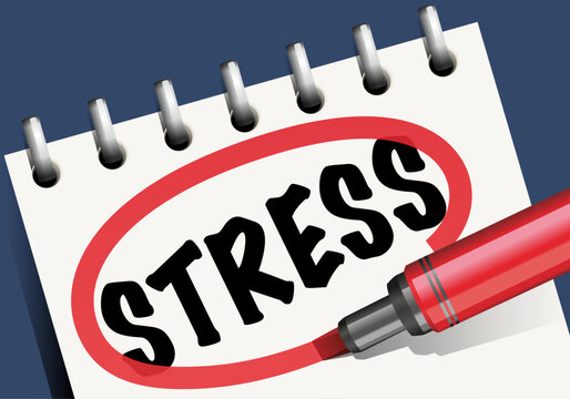 Concept du burn-out et de la surcharge de travail avec le mot stress écrit au marker et entouré de rouge sur un bloc-note.