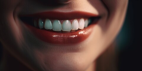 Healthy teeth and smile. Perfect smile of healthy teeth of a young woman. Close-up of a smile with white teeth. The image symbolizes dentistry, stomatology, stomatology. Generative AI