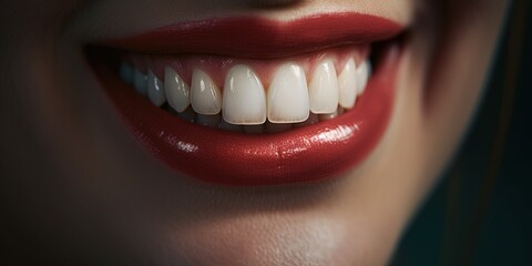Healthy teeth and smile. Perfect smile of healthy teeth of a young woman. Close-up of a smile with white teeth. The image symbolizes dentistry, stomatology, stomatology. Generative AI