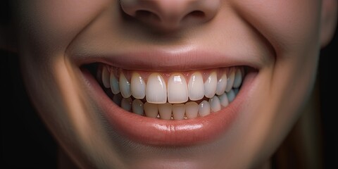 Naklejka premium Healthy teeth and smile. Perfect smile of healthy teeth of a young woman. Close-up of a smile with white teeth. The image symbolizes dentistry, stomatology, stomatology. Generative AI