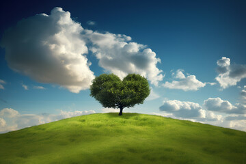 Heart shaped Tree on a Beautiful Green Grassland, Generative AI