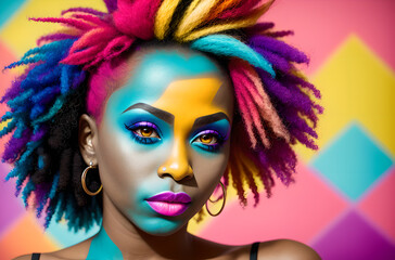 Portrait of a punk african american girl with bright make up and colorful hair. Generative AI.