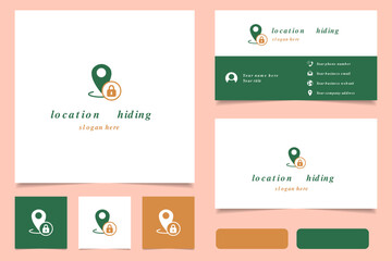 Location hiding logo design with editable slogan. Branding book and business card template.