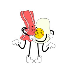 Groovy bacon kisses fried egg. Vector food characters in disco style like in 70s. Vintage trippy breakfast.