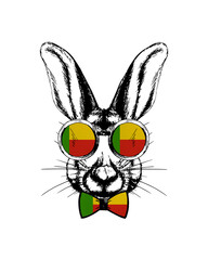 Easter bunny hand drawn portrait. Patriotic sublimation in colors of national flag on white background. Benin