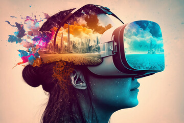 Girl wearing vr headset | Generative AI, metaverse, futuristic virtual world, state of consciousness, technology, colorful
