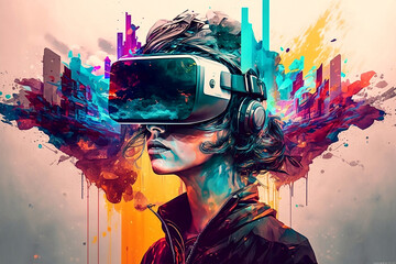Girl wearing vr headset | AI art, metaverse, futuristic virtual world, Colorful, 