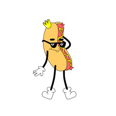Groovy character hot dog. Vector mascot in 70s retro style. American grilled meal. Summer snack from Frankfurter.
