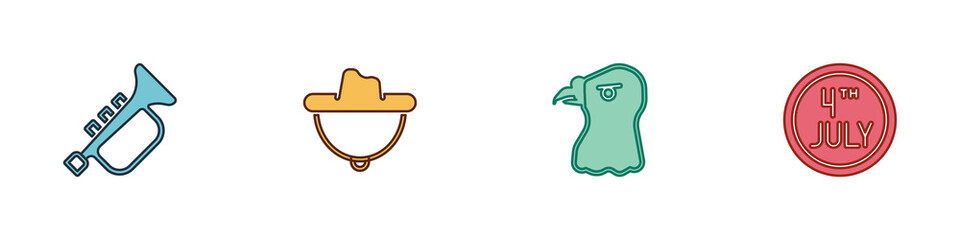 Set Trumpet, Western cowboy hat, Eagle head and Calendar with date July 4 icon. Vector
