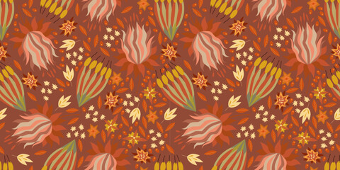 Fototapeta na wymiar Vector seamless texture on a plain background with stylized autumn wild flowers