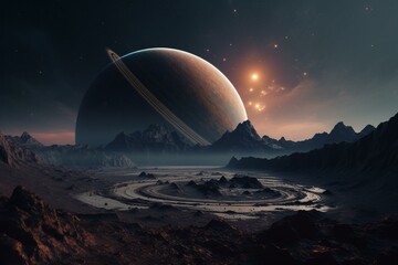 A sci-fi fantasy wallpaper with Saturn planet and rocky planet surface in outer space background. Generative AI