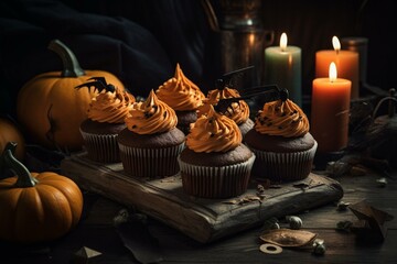 3D Halloween cupcakes with pumpkin frosting in flat lay view. Generative AI