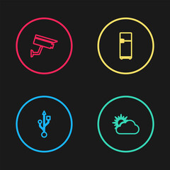 Set line USB, Sun and cloud weather, Refrigerator and Security camera icon. Vector