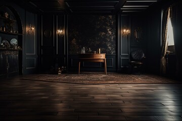 Dark stage with dark wood floor and backdrop. Generative AI